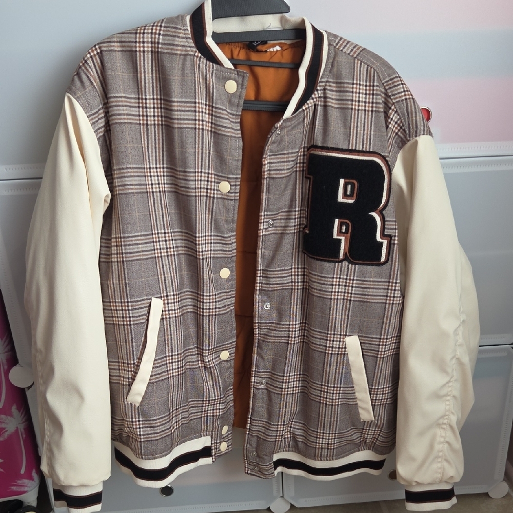 H&M Gray Plaid Varsity Jacket with Cream Sleeves - Picture 8 of 8
